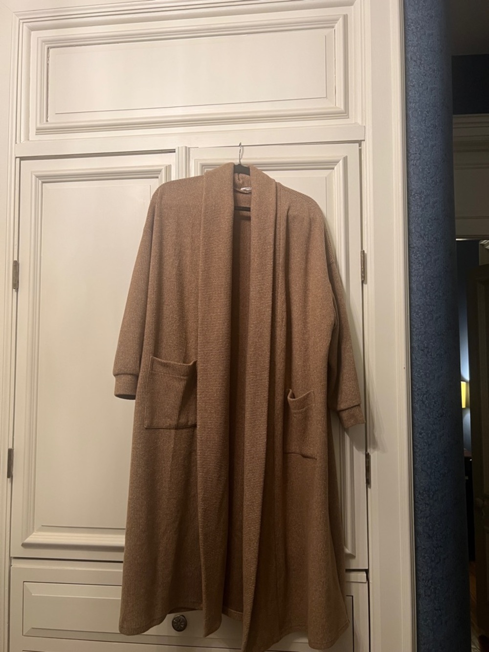 Sage Open-Front Long Coatigan in Camel Brown